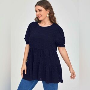 Plus Size Navy Blue Mulvari Dot Puff Sleeve Peplum Blouse (NWOT)
